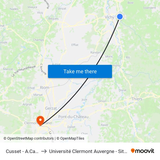 Cusset - A.Camus to Université Clermont Auvergne - Site Carnot map