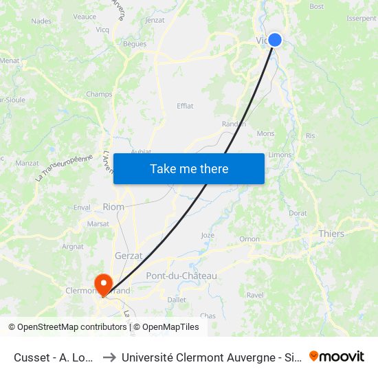 Cusset - A. Londres to Université Clermont Auvergne - Site Carnot map