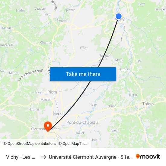 Vichy - Les Ailes to Université Clermont Auvergne - Site Carnot map