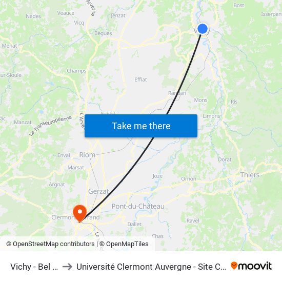 Vichy - Bel Air to Université Clermont Auvergne - Site Carnot map