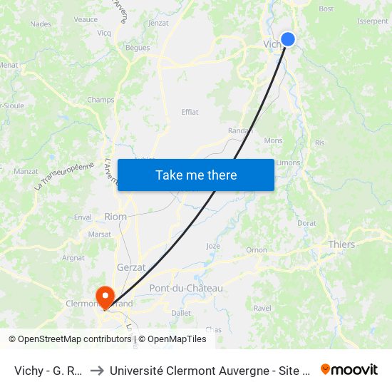 Vichy - G. Roux to Université Clermont Auvergne - Site Carnot map