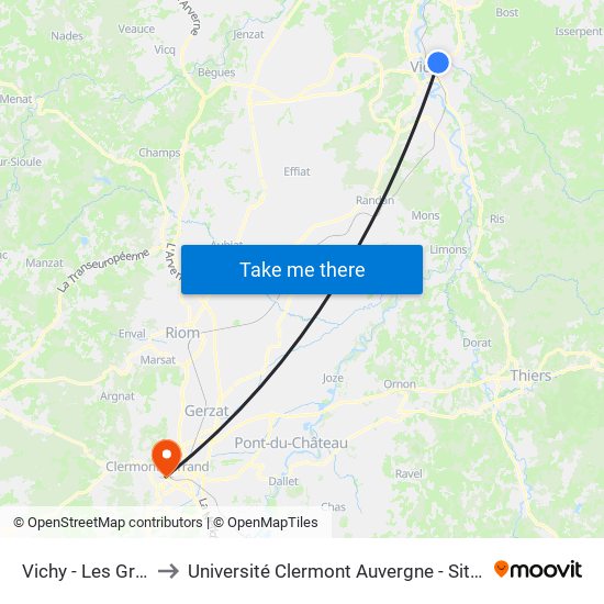 Vichy - Les Graves to Université Clermont Auvergne - Site Carnot map