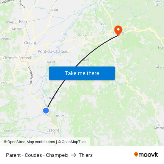 Parent - Coudes - Champeix to Thiers map