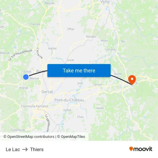 Le Lac to Thiers map