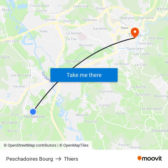 Peschadoires Bourg to Thiers map