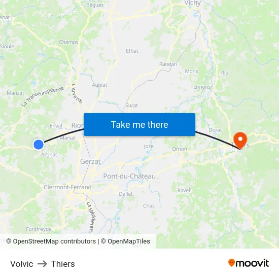 Volvic to Thiers map