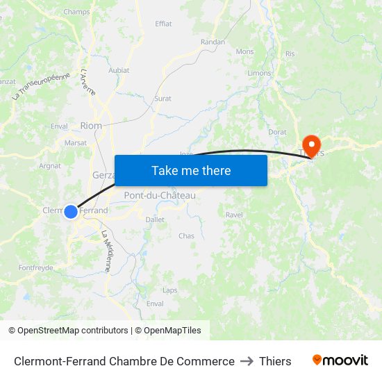 Clermont-Ferrand Chambre De Commerce to Thiers map