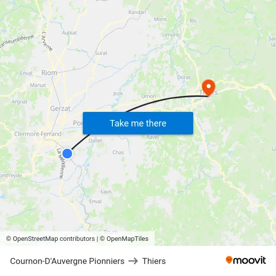 Cournon-D'Auvergne Pionniers to Thiers map