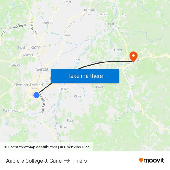 Aubière Collège J. Curie to Thiers map