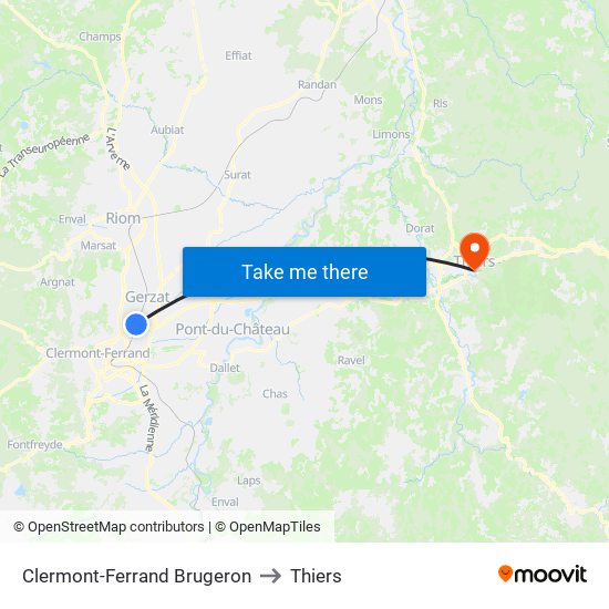 Clermont-Ferrand Brugeron to Thiers map