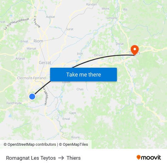 Romagnat Les Teytos to Thiers map