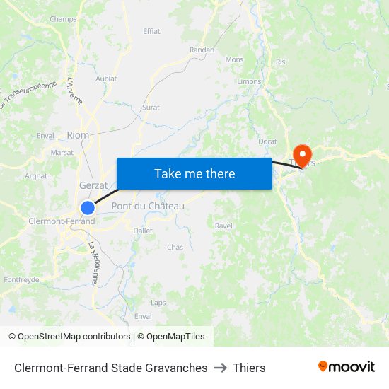 Clermont-Ferrand Stade Gravanches to Thiers map