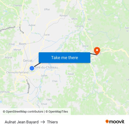 Aulnat Jean Bayard to Thiers map