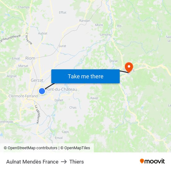Aulnat Mendès France to Thiers map