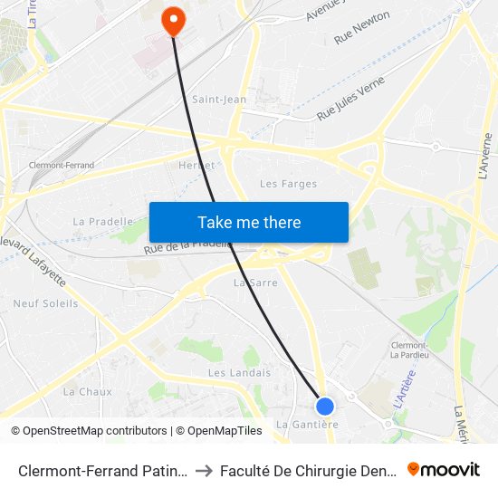 Clermont-Ferrand Patinoire to Faculté De Chirurgie Dentaire map