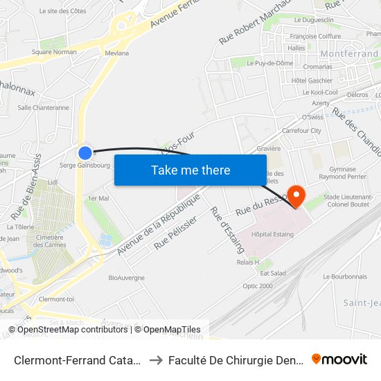 Clermont-Ferrand Cataroux to Faculté De Chirurgie Dentaire map