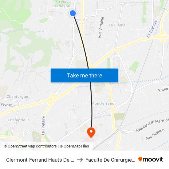 Clermont-Ferrand Hauts De Chanturgue to Faculté De Chirurgie Dentaire map