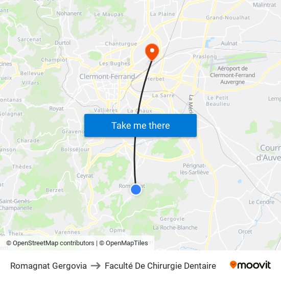 Romagnat Gergovia to Faculté De Chirurgie Dentaire map