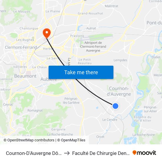 Cournon-D'Auvergne Dômes to Faculté De Chirurgie Dentaire map