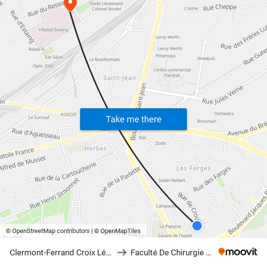 Clermont-Ferrand Croix Léonardoux to Faculté De Chirurgie Dentaire map