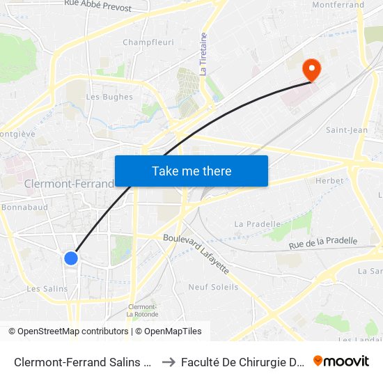 Clermont-Ferrand Salins Pasteur to Faculté De Chirurgie Dentaire map