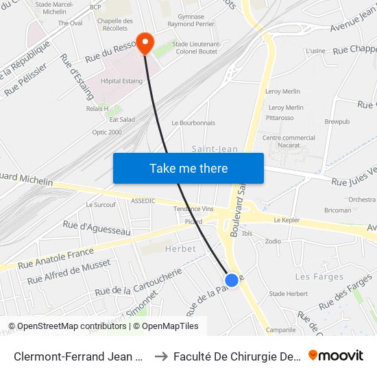 Clermont-Ferrand Jean Moulin to Faculté De Chirurgie Dentaire map