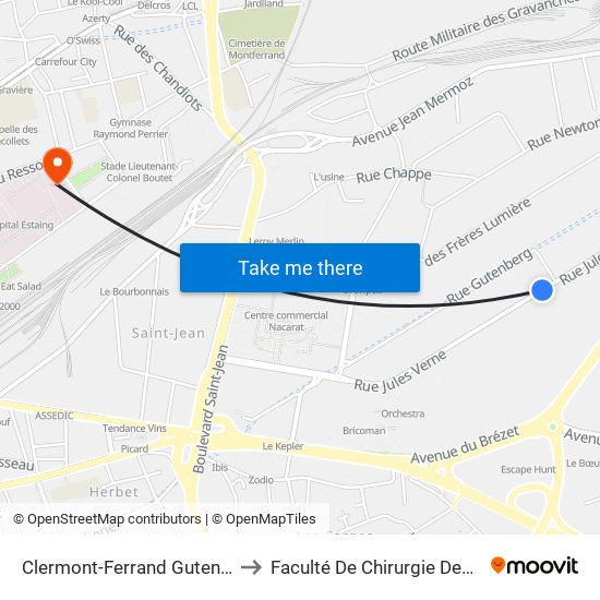 Clermont-Ferrand Gutenberg to Faculté De Chirurgie Dentaire map