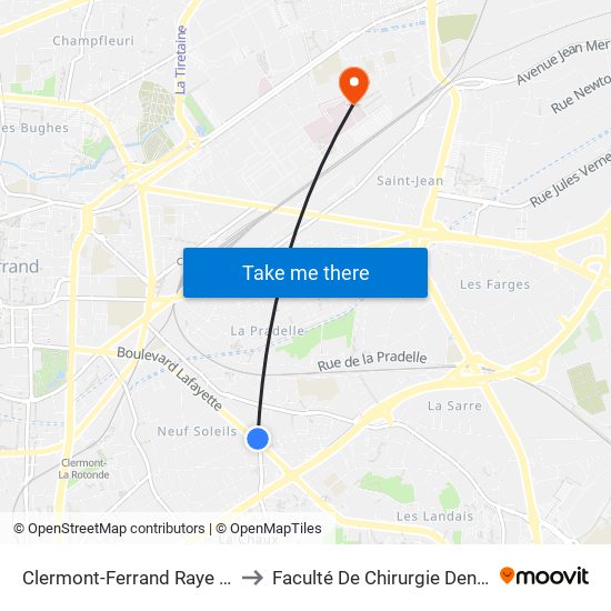 Clermont-Ferrand Raye Dieu to Faculté De Chirurgie Dentaire map
