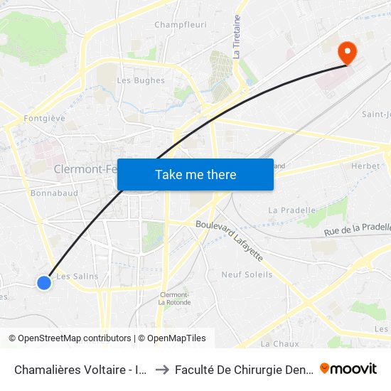 Chamalières Voltaire - Inspe to Faculté De Chirurgie Dentaire map