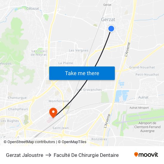 Gerzat Jaloustre to Faculté De Chirurgie Dentaire map