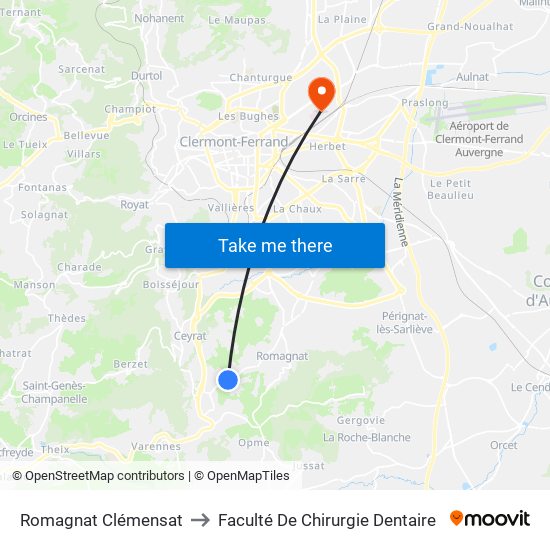 Romagnat Clémensat to Faculté De Chirurgie Dentaire map