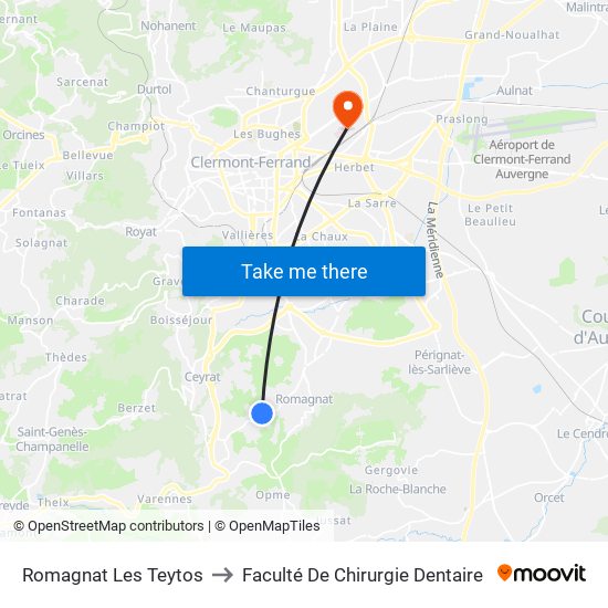 Romagnat Les Teytos to Faculté De Chirurgie Dentaire map