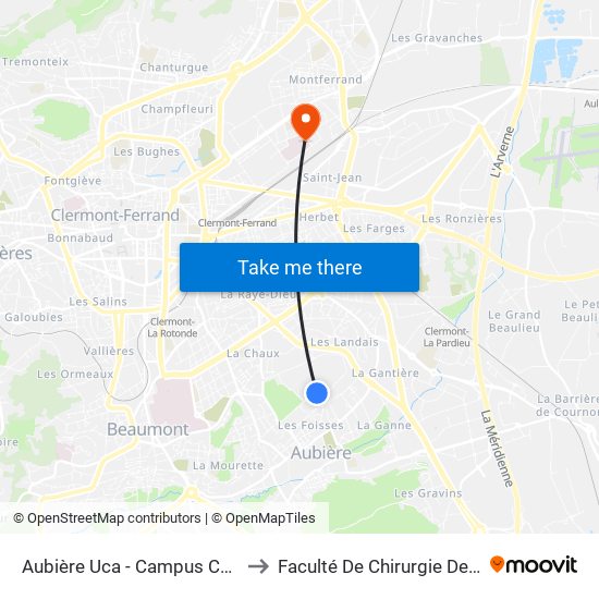 Aubière Uca - Campus Cézeaux to Faculté De Chirurgie Dentaire map