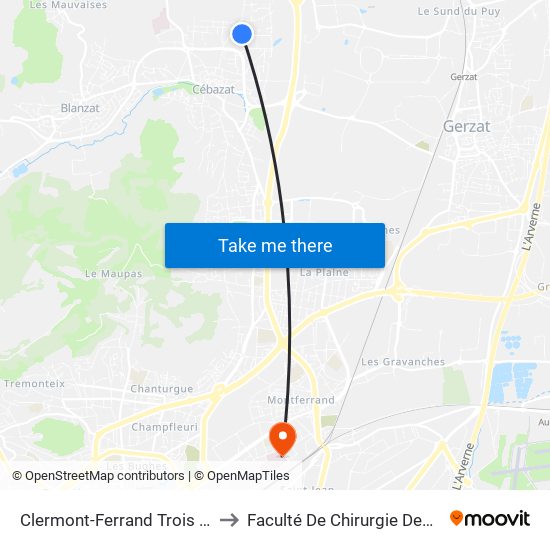 Clermont-Ferrand Trois Fées to Faculté De Chirurgie Dentaire map