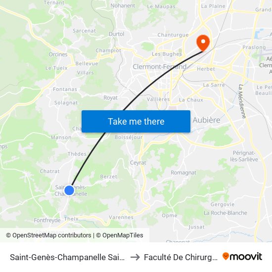 Saint-Genès-Champanelle Saint Genès Centre to Faculté De Chirurgie Dentaire map