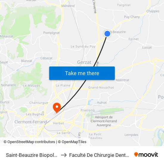 Saint-Beauzire Biopole 2 to Faculté De Chirurgie Dentaire map