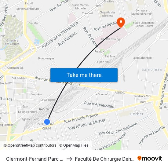 Clermont-Ferrand Parc Sncf to Faculté De Chirurgie Dentaire map
