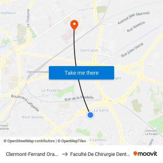 Clermont-Ferrand Oradou to Faculté De Chirurgie Dentaire map