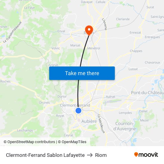 Clermont-Ferrand Sablon Lafayette to Riom map