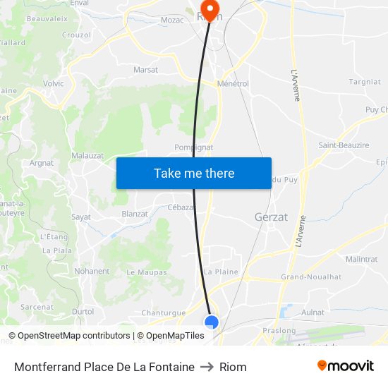 Montferrand Place De La Fontaine to Riom map