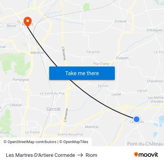 Les Martres-D'Artiere Cormede to Riom map