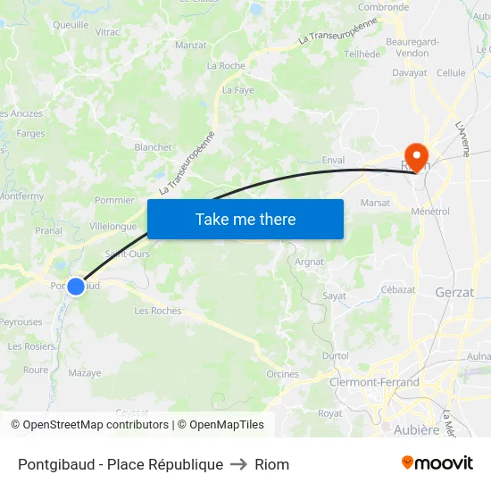 Pontgibaud - Place République to Riom map