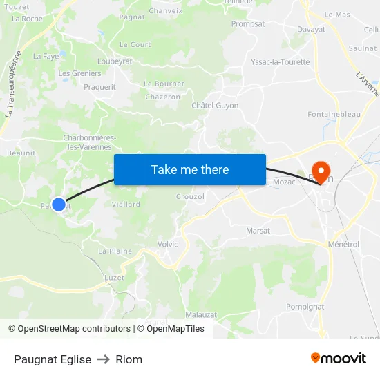 Paugnat Eglise to Riom map