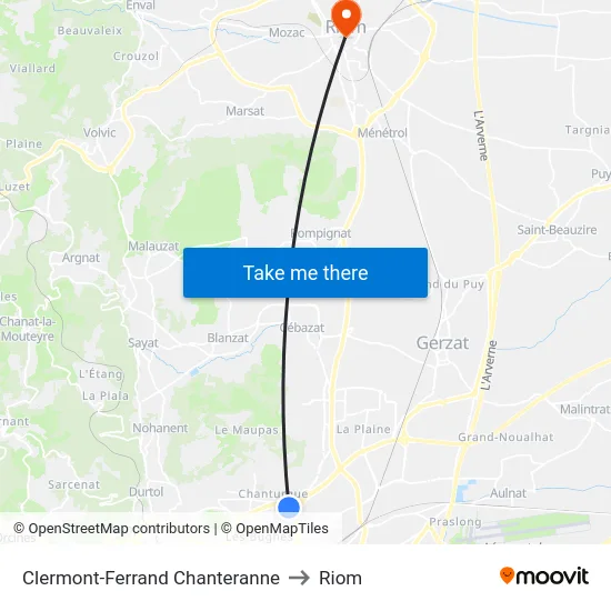 Clermont-Ferrand Chanteranne to Riom map