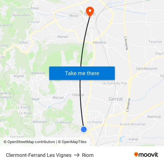Clermont-Ferrand Les Vignes to Riom map