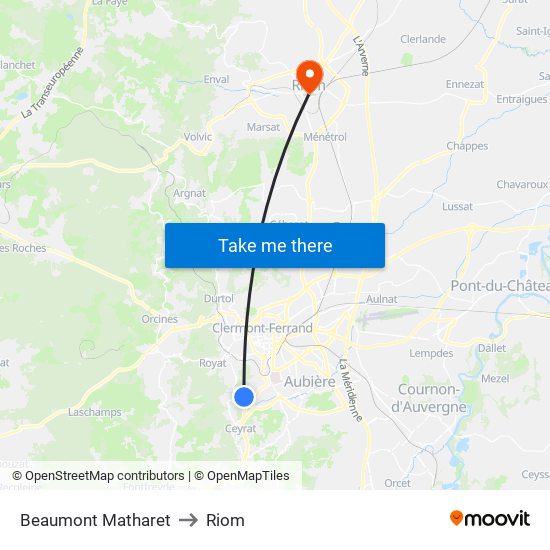 Beaumont Matharet to Riom map