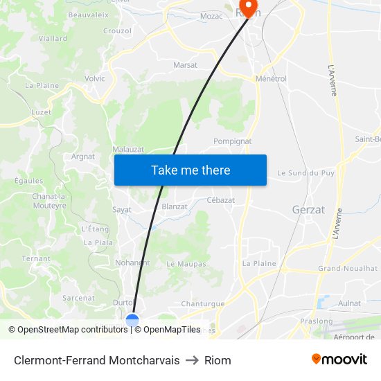 Clermont-Ferrand Montcharvais to Riom map