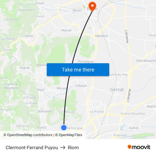 Clermont-Ferrand Puyou to Riom map