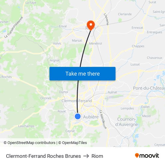 Clermont-Ferrand Roches Brunes to Riom map