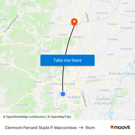 Clermont-Ferrand Stade P. Marcombes to Riom map